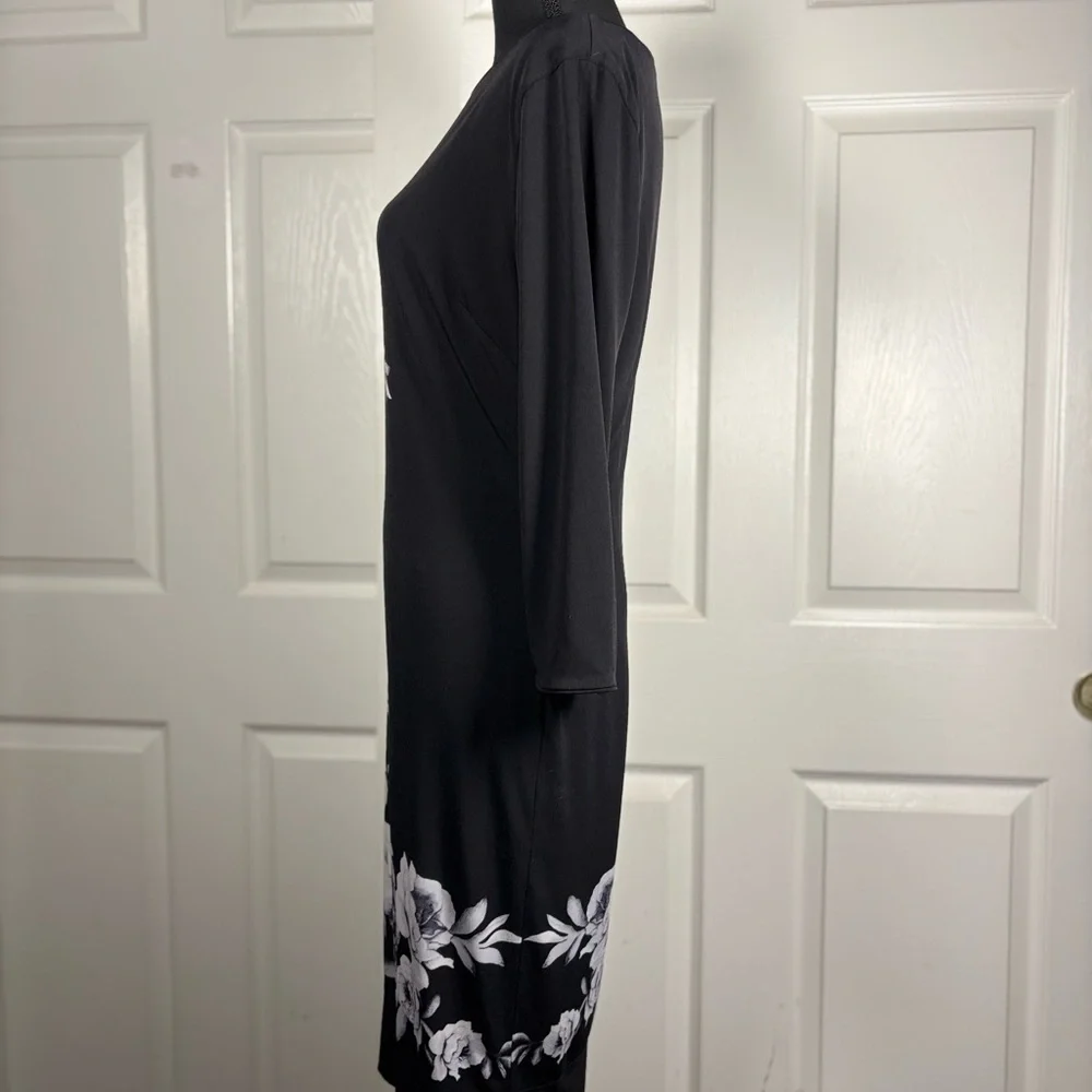 White House Black Market Asymmetrical Black Dress with White Floral Design - Picture 9 of 13